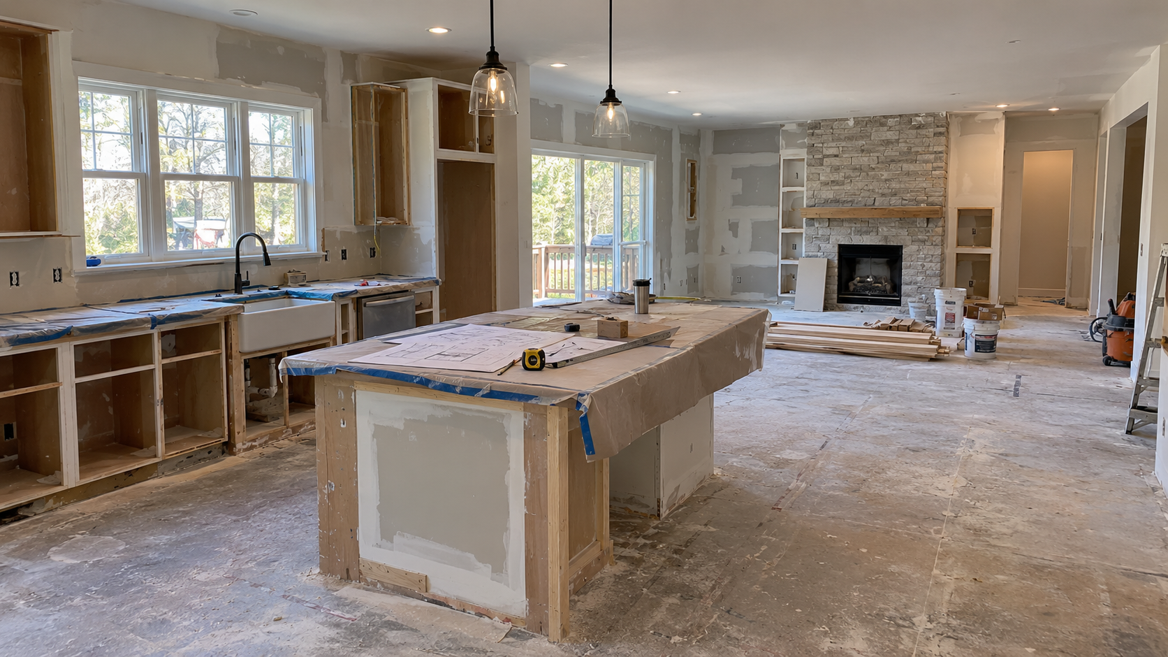 Wide view of a residential interior remodel in progress