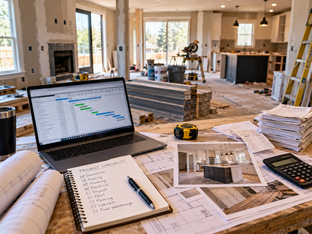 House flip renovation workspace with a project schedule, plans, checklist, receipts, and calculator