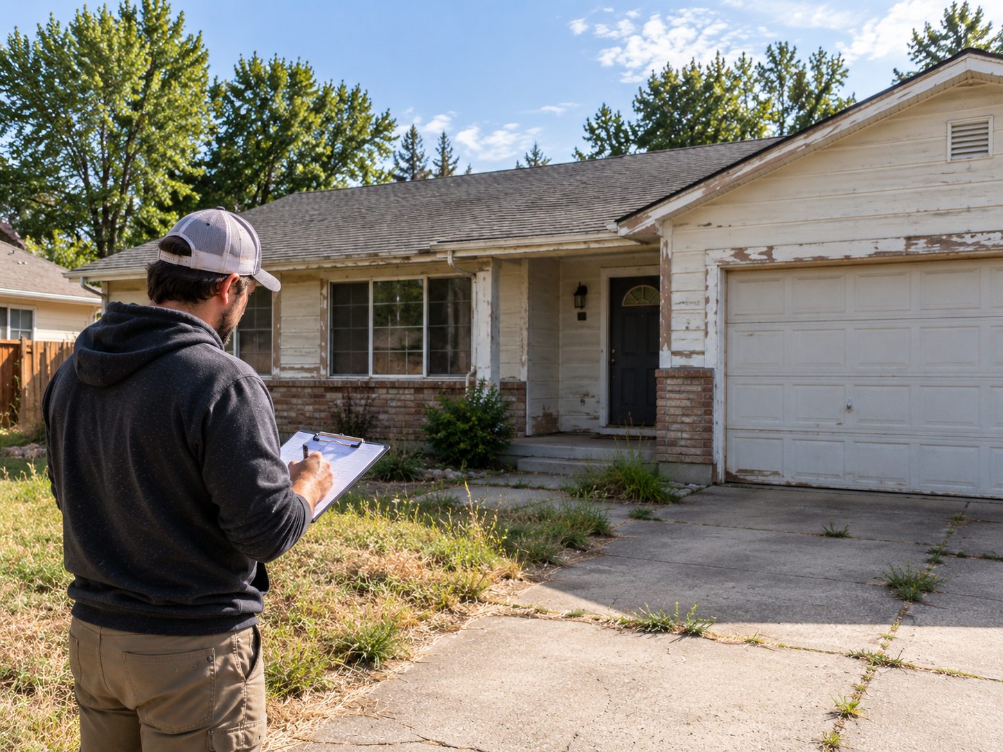 A house flipper reviewing a property before deciding whether to buy