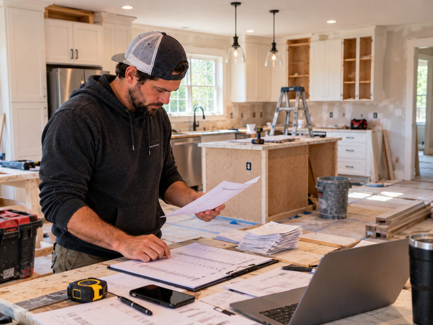 A house flipper reviewing a project budget and renovation scope at the worksite