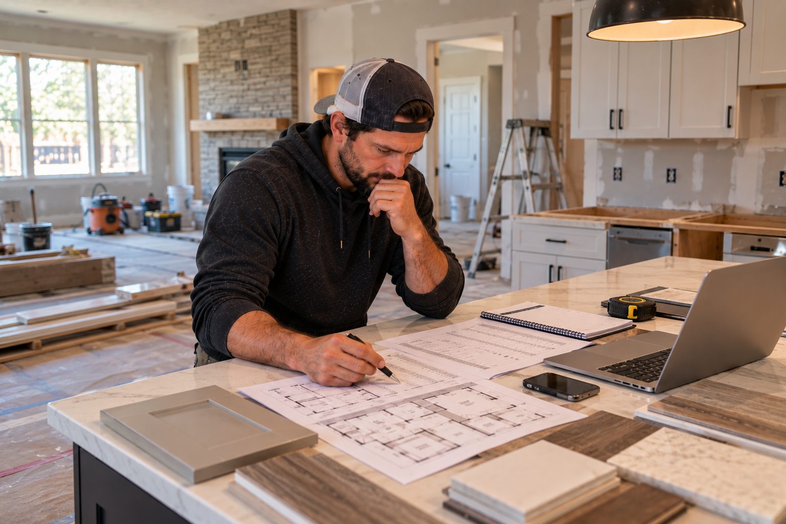Independent house flipper reviewing renovation plans and a project budget inside a home under renovation