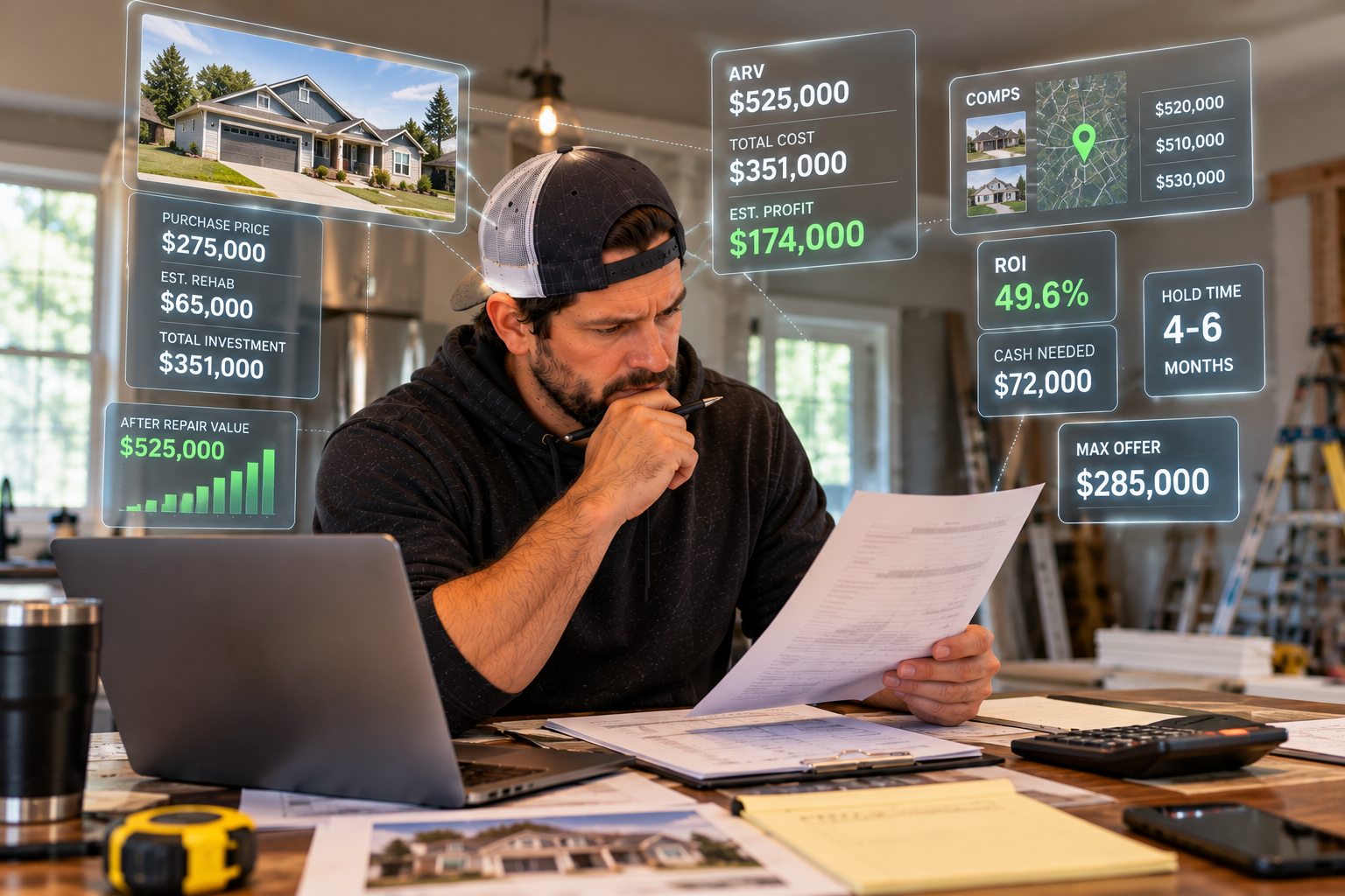 House flipper assessing renovation assumptions with a sample ARV and comparable-sales visualization